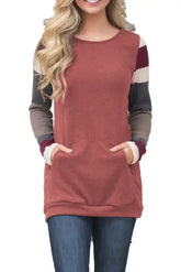 Red Multicolor Stripes Sleeve Pullover Sweatshirt - Femstylo