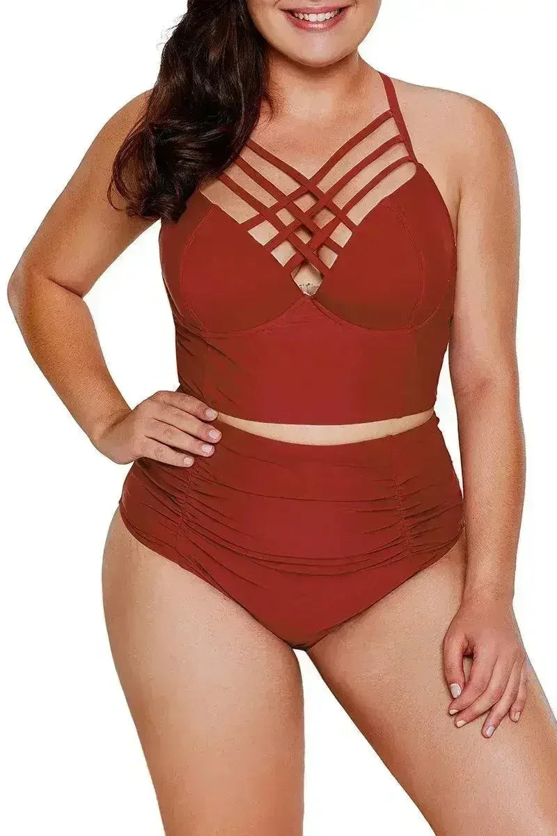 Red Strappy Neck Detail With Padded High Waist Swimsuit - Femstylo