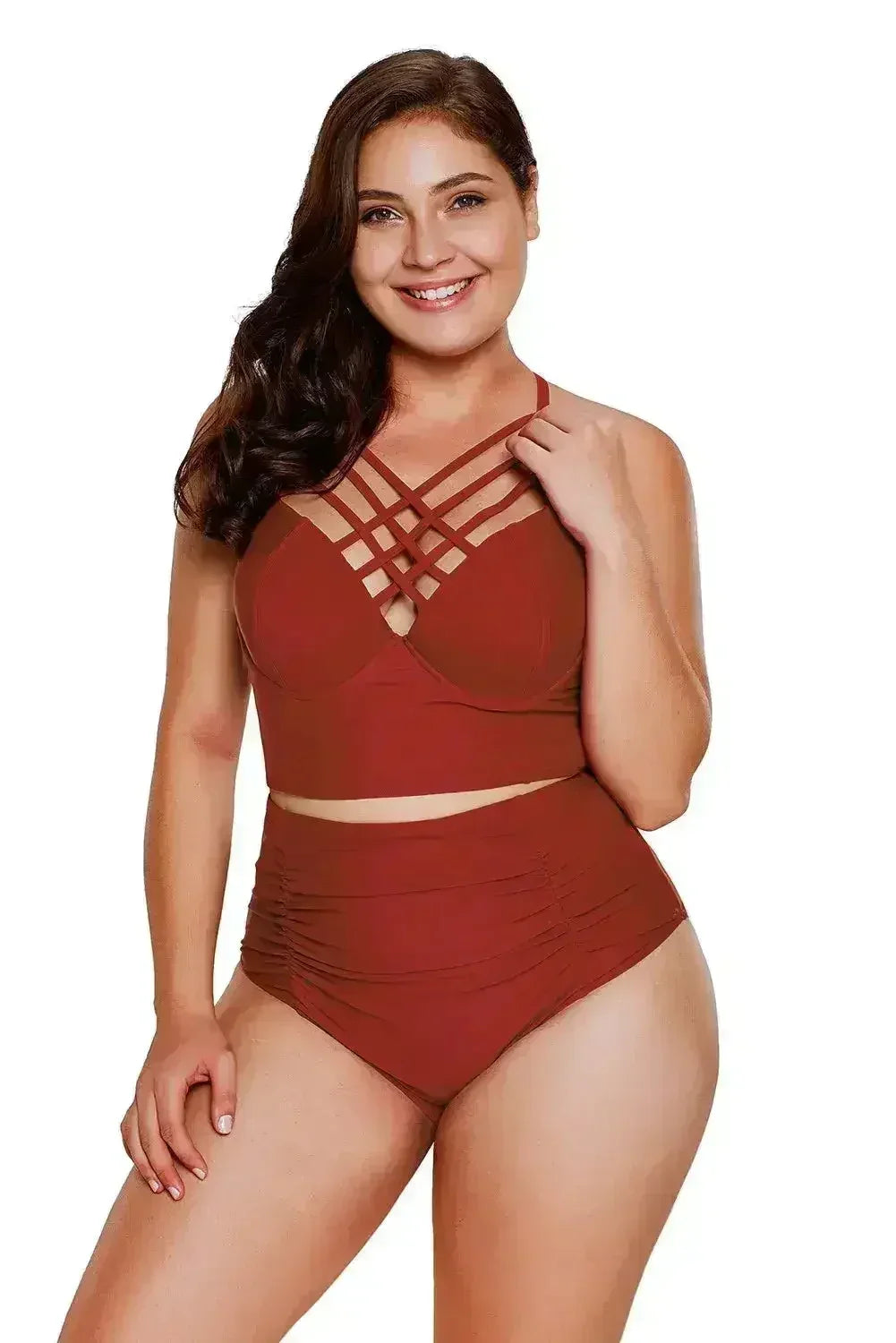 Red Strappy Neck Detail With Padded High Waist Swimsuit - Femstylo