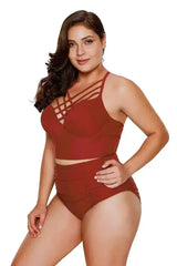 Red Strappy Neck Detail With Padded High Waist Swimsuit - Femstylo