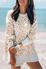 Round Neck Long Sleeve Apricot Leopard Print Loose Fit Sweatshirt - Femstylo