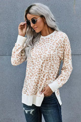 Round Neck Long Sleeve Apricot Leopard Print Loose Fit Sweatshirt - Femstylo