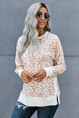 Round Neck Long Sleeve Apricot Leopard Print Loose Fit Sweatshirt - Femstylo