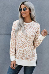 Round Neck Long Sleeve Apricot Leopard Print Loose Fit Sweatshirt - Femstylo