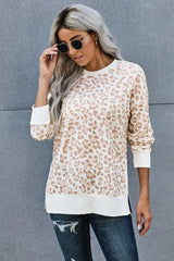 Round Neck Long Sleeve Apricot Leopard Print Loose Fit Sweatshirt - Femstylo