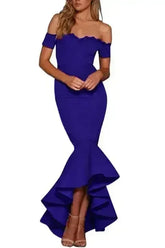Royal Blue Lace Trim Off Shoulder Fishtail Party Dress - Femstylo