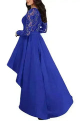 Royal Blue Lace Long Sleeve High Low Satin Prom Dress - Femstylo