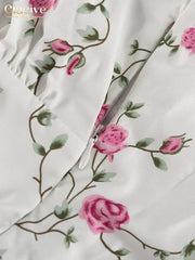 Clacive Summer Slim Print Women's Dress 2024 Sexy V-Neck Short Sleeve Mini Dresses Elegant High Waist Pleated Female Dress