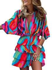 Women Fall V-Neck Loose Batwing Hafl Sleeve Print Dress Fashion Elegant Lace-up Ruffle Beach Mini Dresses Casual Streetwear 2024