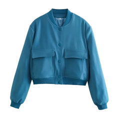 TRZA Women Fashion With Pockets Bomber Jacket Coats Vintage Long Sleeve Front Button Casual Female Outerwear Chic Tops