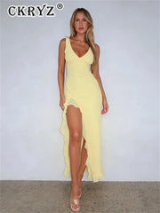 Ladies Summer Ruffle Evening Birthday Party Dress Women Sleeveless Backless Side Slit Long Dresses Clubwear Woman Clothes 2025