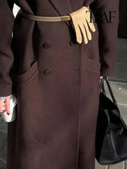 TRAF Women Fashion Solid Color Wool Lengthened Coat Elegant Warm Street Coat Autumn and Winter Retro Pocket Double-Breasted Coat