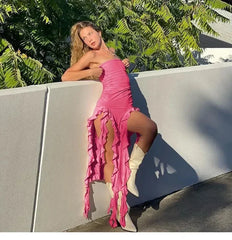 Cryptographic Irregular Ruffle Off Shoulder Sexy Backless Midi Dress for Women Elegant Birthday Vestido Summer Sundresses Ruched