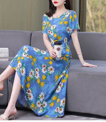 New Fashion Casual 2024 Summer Elegant Dresses For Women O-Neck Print Vintage Short Sleeve Dress Loose Women Clothing
