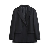 TRZA-Women's Double Breasted Office Wear Blazer Coat, Long Sleeve, Flap Pockets, Female Outerwear, Chic Tops, Fashion