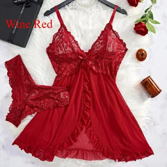 Sexy Lingerie Set Women Erotic Bra Nightdress Sexy Lace Sleepwear Solid Slim Soft Dresses V Neck Full Slip Sleepwear & Dresses