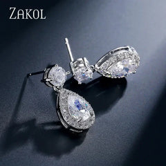 ZAKOL Classic Water Drop Cubic Zircon Bridal Dangle Earrings for Women Girl Trendy CZ Crystal Wedding Engagement Jewelry