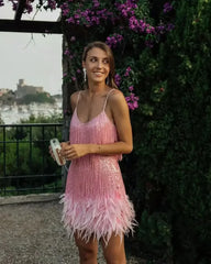 2024 Summer New Fashionable Framed Sequins Feather Patchwork Dress Colorful Amazon Direct Sales Women's Sleeveless Dress