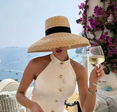 Straw summer hat French elegant ladies seaside travel sun hat Hepburn style wide brim hat 햇빛가리개 모자 모자