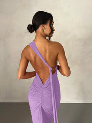 Hugcitar One Shoulder Backless Adjustable Scarf Loop Ruched Sexy Maxi Dress Women Elegant Y2K Streetwear Festival Outfit