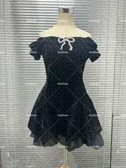 Black French Vintage Elegant Design Woman Dress Gothic Off Shoulder Retro Mini Dress Female Fairy Birthday Party Chic Outfits