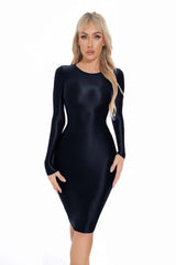 Sexy Women Oil Glossy Shiny Tight Pencil Dress Stain Smooth Bodycon Dress Elastic Push Up Packet Hip Stretch Step Dress