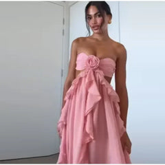 Chic Women Spring Hollow Out 3d Flower Ruffled Hem Long Dress Elegant Off Shoulder Backless Robe 2025 New Lady Street Party Gown