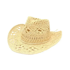 Summer Outdoor Men Women Hand-woven Western Cowboy Straw Hats Wide Brim Breathable Beach Jazz Cap Sun Protection Hat
