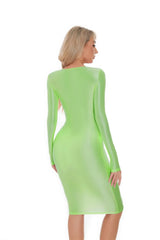 Sexy Women Oil Glossy Shiny Tight Pencil Dress Stain Smooth Bodycon Dress Elastic Push Up Packet Hip Stretch Step Dress