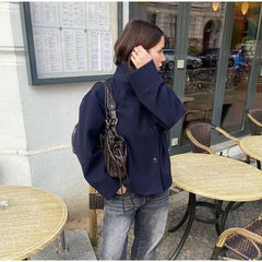Fashion Women's Stand Collar Woolen Coats Long Sleeve Loose Female Short Coat 2025 Autumn Winter Office Lady Street Jacket