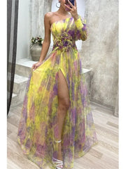 Elegant Oblique Shoulder Single-sleeve Zipper High Slit Mesh Long Dress For Women Fashion Flower Decoration Party Dress Female