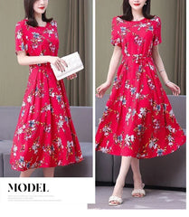 New Fashion Casual 2024 Summer Elegant Dresses For Women O-Neck Print Vintage Short Sleeve Dress Loose Women Clothing