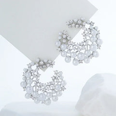 Vintage Rhinestone Firework Stud Earrings for Women Elegant Double Row Imitation Pearl Earring Girl Party Wedding Jewelry