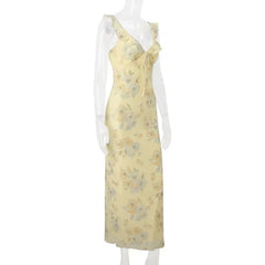 Yellow Floral Maxi Dress | Retro V-Neck Summer Party Gown -femstylo