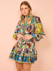 2025 printed round neck cinched waist strap pleated ruffle edge retro pleated dress cardigan temperament versatile dress