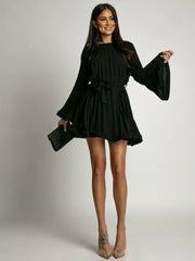 2025 Elegant Pleated Mini Dress - Flared Sleeve Lace-Up Summer Dress | Femstylo