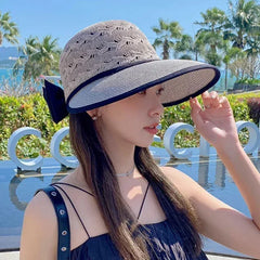 Women's Summer Straw Hat UV Protection Wide Brim | Breathable Bow Sun Hat Fashion Beach Accessory