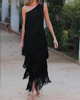 Spring and Summer New Fashion Fringed Slanted Shoulder Asymmetrical Dress for Women