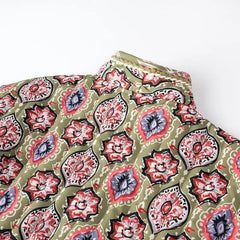 Winter Green Flower Print V neck Quilted Jacket Ethnic Women Tie Bow Sashes Quilting Full Sleeve Coat BOHO Midi Outerwear