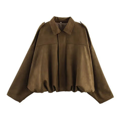 ETJ 2025 TRAF Spring new women's suede texture effect Loose version of fashion lapel shoulder bomber jacket