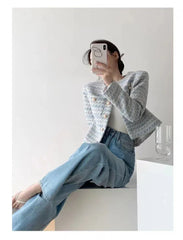 ITOOLIN Autumn Winter Women Elegant Tweed Cardigan Short Coat With Pocket Single Breasted Jacket For Women Loose Outwear 2024