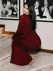 Tossy Female Pleated Sexy Maxi Dress Patchwork Twist Slim Long Sleeve Solid Y2k Autumn Streetwear Dress Women's Bodycon Dress