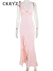 Ladies Summer Ruffle Evening Birthday Party Dress Women Sleeveless Backless Side Slit Long Dresses Clubwear Woman Clothes 2025