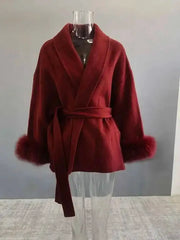 UCXQ Elegant OL Office Lady Overcoats Fur Patchwork Long Sleeve Woolen Coat Beautiful Women's Clothing Jacket Autumn 2025 Spring