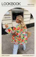 UNIZERA 2023 Autumn New Product Women's Fashion Versatile Round Neck Stripe Spliced Print Retro Quilted Cotton Coat