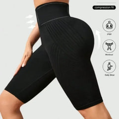 Women‘s Seamless Yoga Shorts High Waisted Striped Slim Shorts Sexy Butt Lifting Gym Trainning High Elastic Five Point Pants