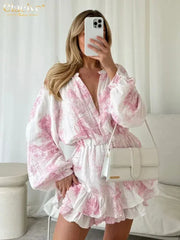 Clacive Fashion Loose Print Women's Dress 2024 Casual O-Neck Long Sleeve Mini Dresses Elegant High Waist Pleated Female Dress