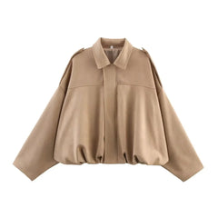 ETJ 2025 TRAF Spring new women's suede texture effect Loose version of fashion lapel shoulder bomber jacket