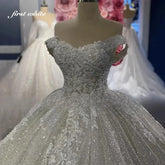 Customized V-Neck Shiny Off The Shoulder Appliques Wedding Dress 2025 Ball Gown Floor Length Sweep Train Lace Up Bridal Gown