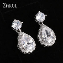 ZAKOL Classic Water Drop Cubic Zircon Bridal Dangle Earrings for Women Girl Trendy CZ Crystal Wedding Engagement Jewelry